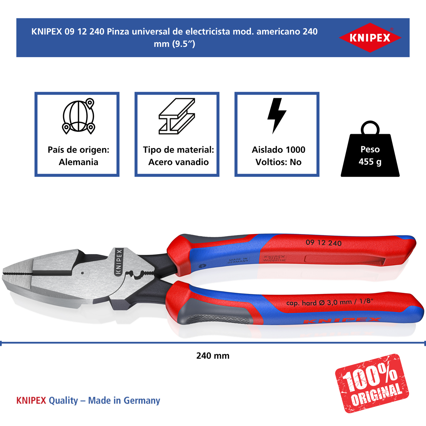 KNIPEX 09 12 240 SB Pinza universal de electricista mod. americano 240 mm (9.5")
