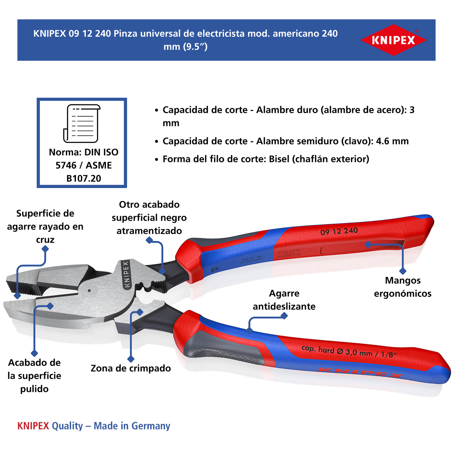 KNIPEX 09 12 240 SB Pinza universal de electricista mod. americano 240 mm (9.5")
