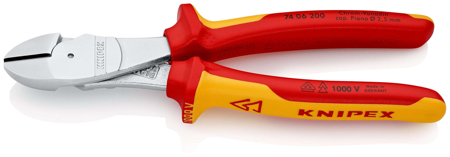 KNIPEX 74 06 200 Pinzas de corte diagonal tipo extra fuerte aislados con mangos en dos componentes, según norma VDE cromado 200 mm