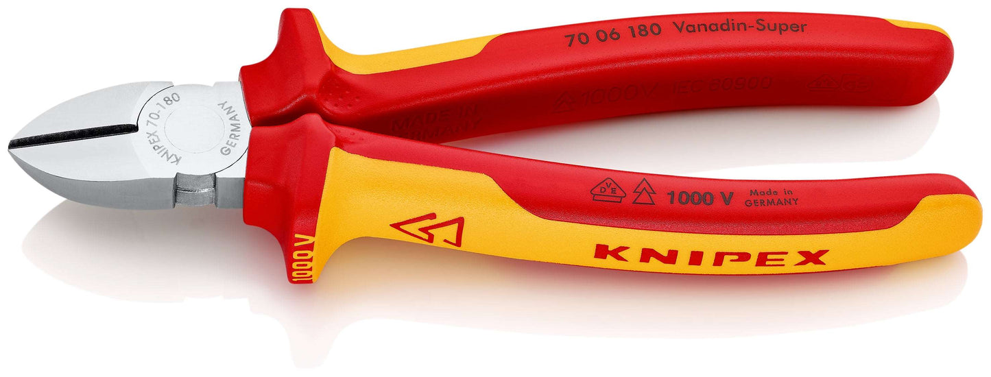 KNIPEX 70 06 180 Pinzas de corte diagonal aislados con mangos en dos componentes, según norma VDE cromado 180 mm