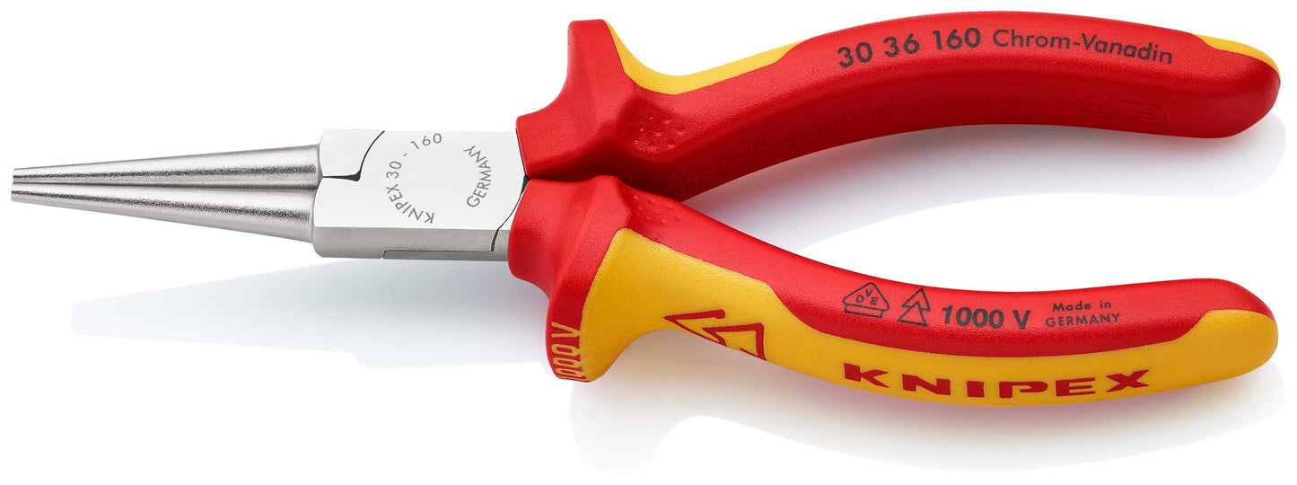 KNIPEX 30 36 160 Pinza de punta larga redonda con mangos ergonómicos 1000V cromada 160 mm (6.25″)