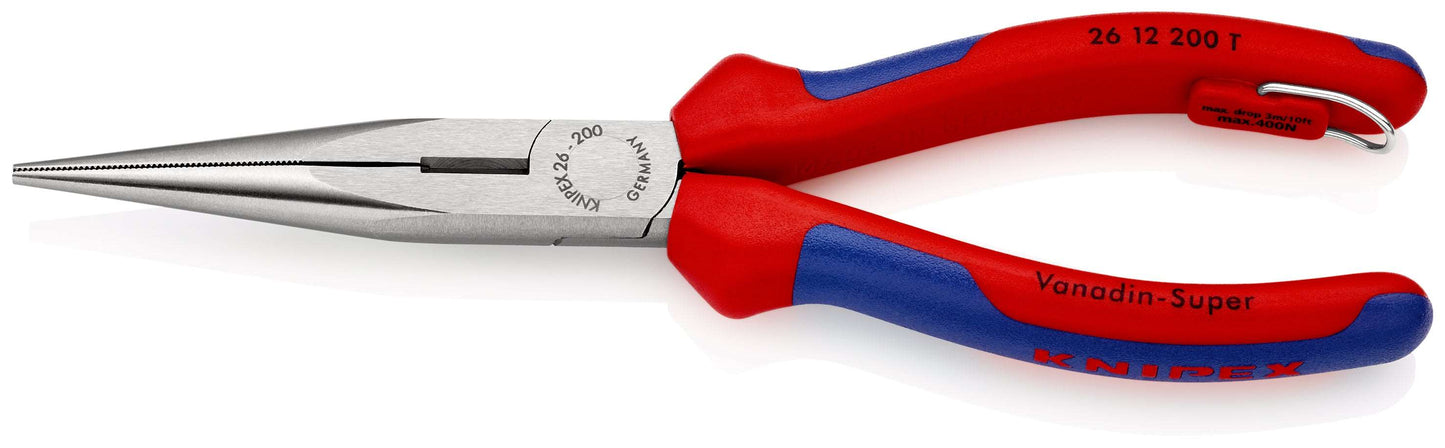 KNIPEX 26 12 200 T BK Pinza de punta larga con filos de corte con mangos ergonómicos con protección anticaídas pavonada 200 mm (8″)