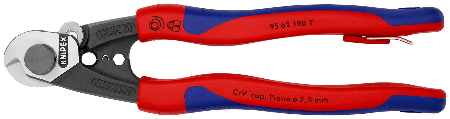 KNIPEX 95 62 190 T Cortacables para cable trenzado forjado con fundas multicomponentes, con anilla de fijación integrada para colocar un dispositivo de protección anticaídas 190 mm