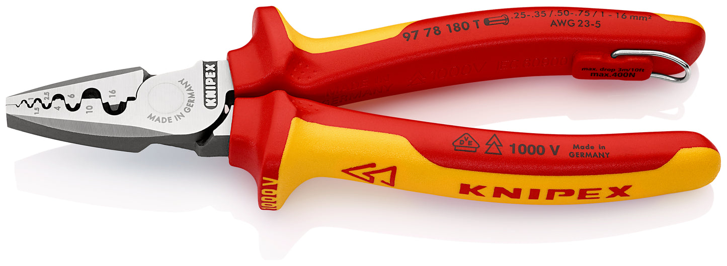 KNIPEX 97 78 180 T Pinza para ponchar terminales ferrul Aislado con fundas multicomponente, homologado por VDE; con anilla de fijación aislada e integrada para colocar una protección anticaída 180 mm