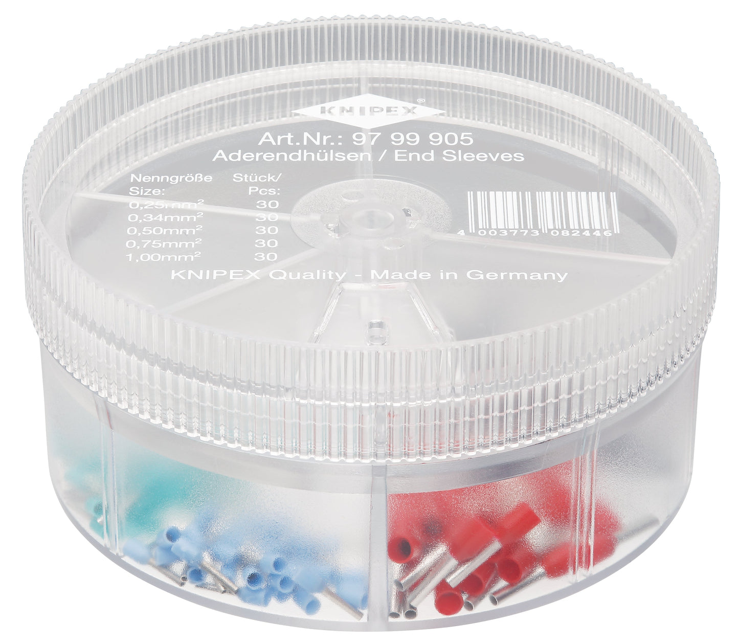 KNIPEX 97 99 905 Caja surtida de terminales aisladas ferrul para cable de 24-17 AWG (0.25 - 1 mm²) 150 piezas 5 tamaños
