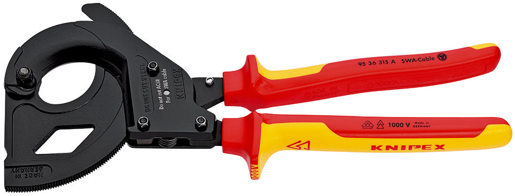 KNIPEX 95 36 315 A Cortacables (tipo matraca) Para cables con cobertura de acero (cable SWA) aislados, según norma VDE Negro, lacado 315 mm