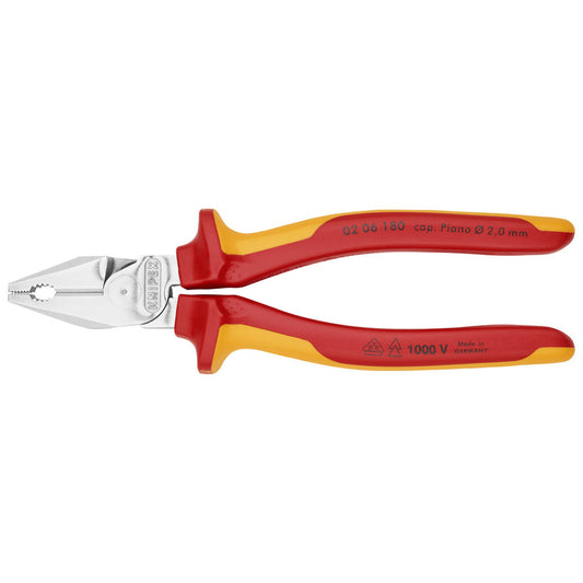 KNIPEX 02 06 180 Pinza aislada universal de alta palanca con mangos ergonómicos 1000V cromada 180 mm (7.25″)