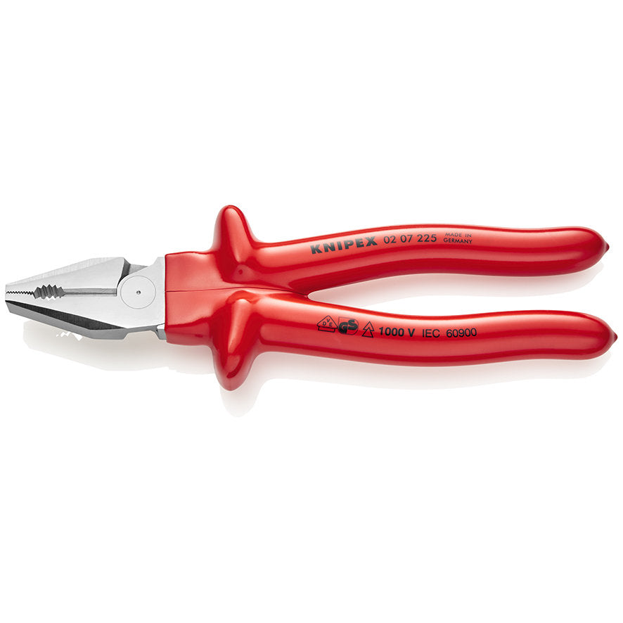 KNIPEX 02 07 225 Pinza aislada universal de alta palanca con mangos por inmersión en plástico reforzado 1000V cromada 225 mm (9″)