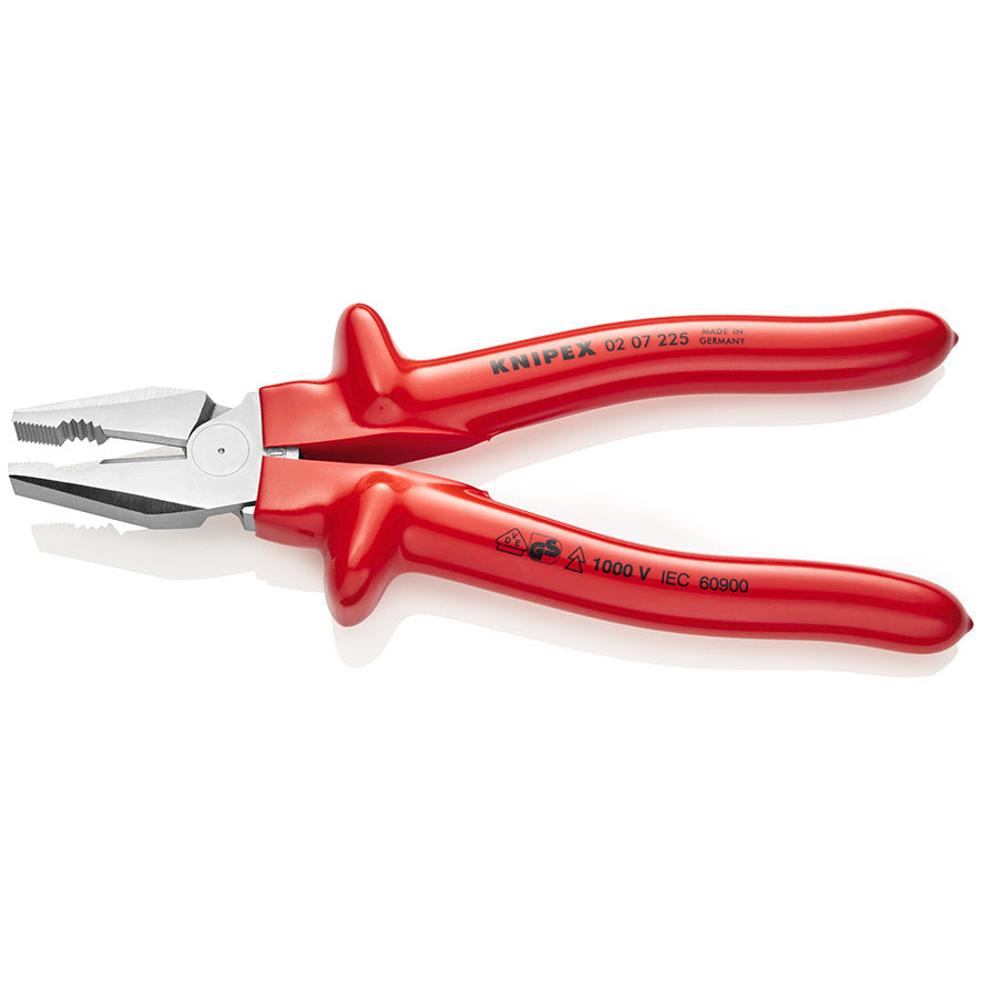 KNIPEX 02 07 225 Pinza aislada universal de alta palanca con mangos por inmersión en plástico reforzado 1000V cromada 225 mm (9″)