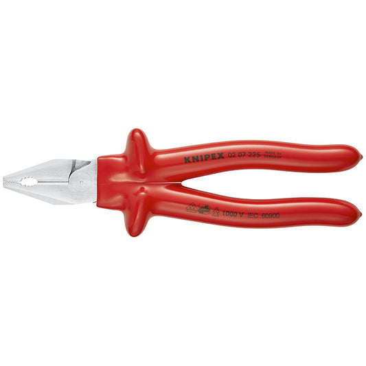 KNIPEX 02 07 225 Pinza aislada universal de alta palanca con mangos por inmersión en plástico reforzado 1000V cromada 225 mm (9″)