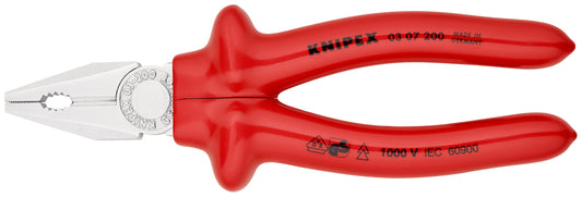 KNIPEX 03 07 200 Pinza universal aislados por inmersión en plástico reforzado, según norma VDE cromado 200 mm