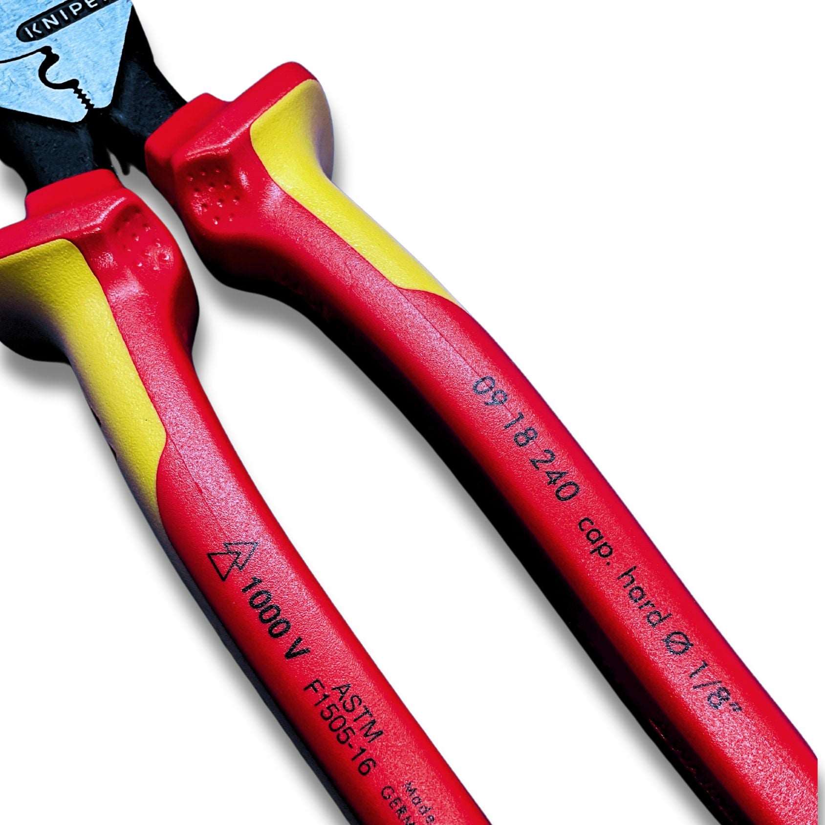 KNIPEX 09 18 240 US Pinzas aisladas de electricista, con guía jala cable y zona de crimpar 240 mm