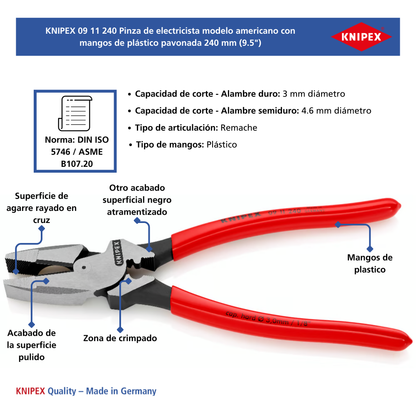 KNIPEX 09 11 240 Pinza de electricista modelo americano con mangos de plástico pavonada 240 mm (9.5″)