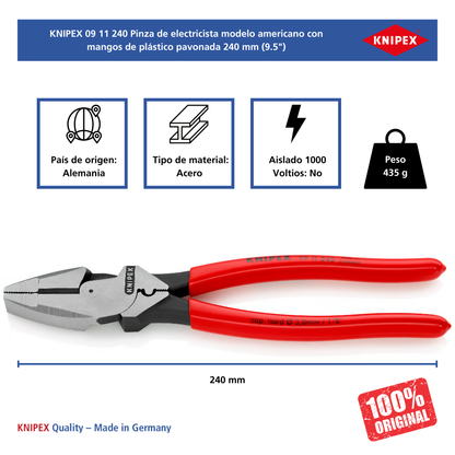 KNIPEX 09 11 240 Pinza de electricista modelo americano con mangos de plástico pavonada 240 mm (9.5″)