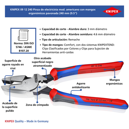 KNIPEX 09 12 240 Pinza de electricista modelo americano con mangos ergonómicos pavonada 240 mm (9.5″)