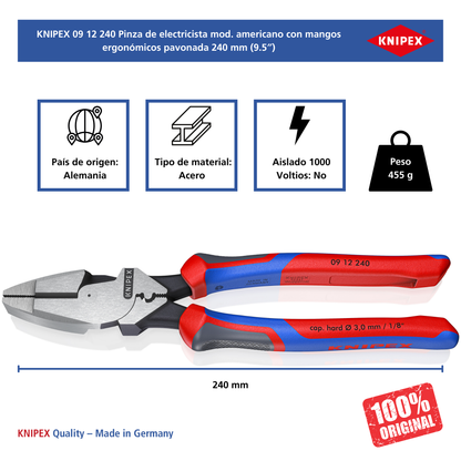 KNIPEX 09 12 240 Pinza de electricista modelo americano con mangos ergonómicos pavonada 240 mm (9.5″)