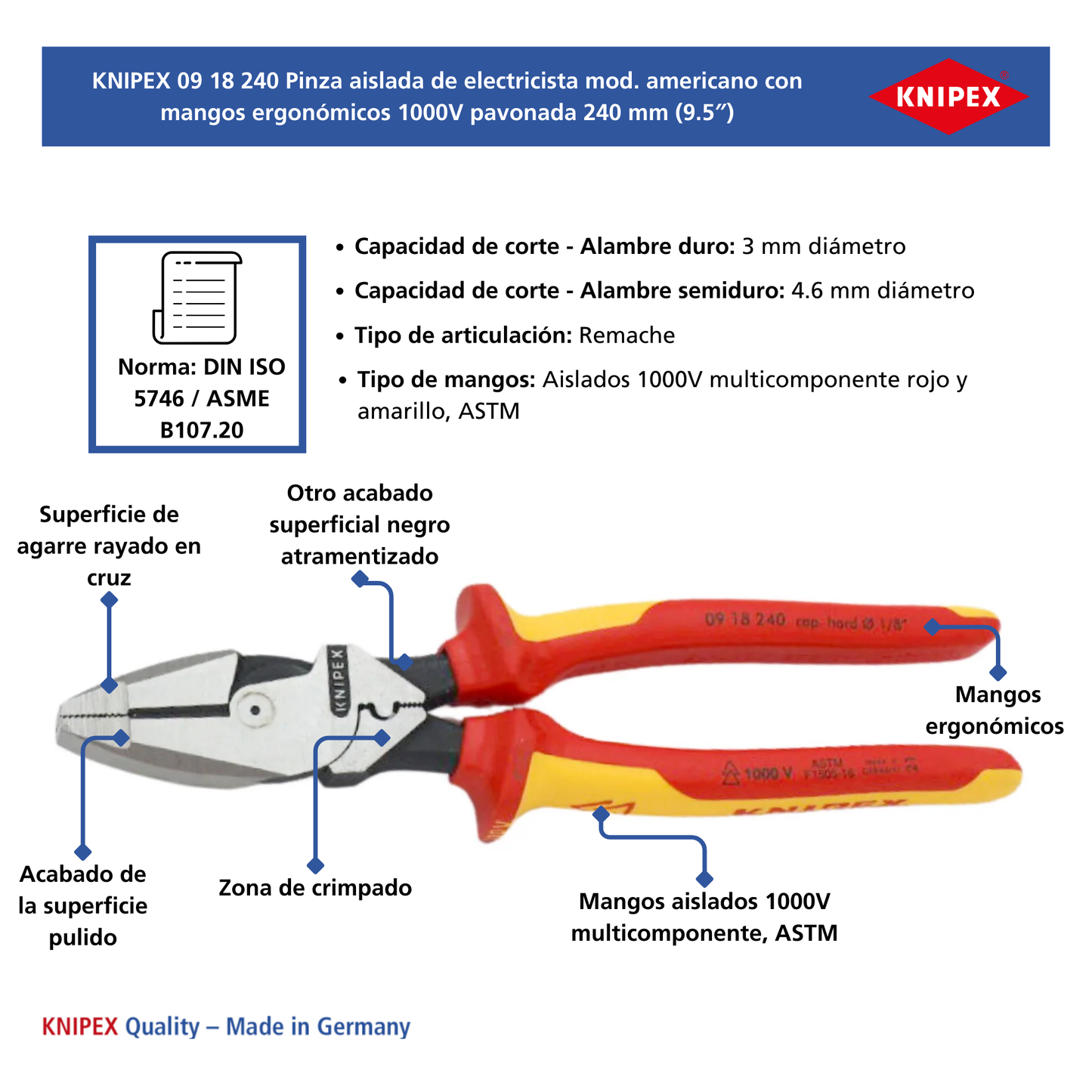 KNIPEX 09 18 240 US Pinza aislada de electricista mod. americano con mangos ergonómicos 1000V pavonada 240 mm (9.5″)