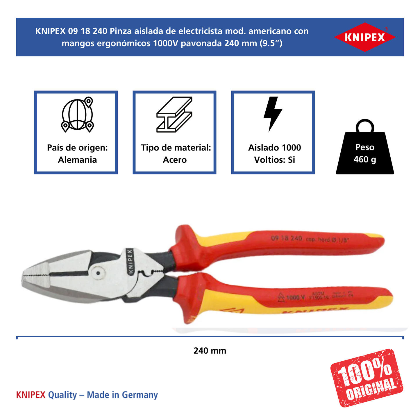 KNIPEX 09 18 240 US Pinza aislada de electricista mod. americano con mangos ergonómicos 1000V pavonada 240 mm (9.5″)