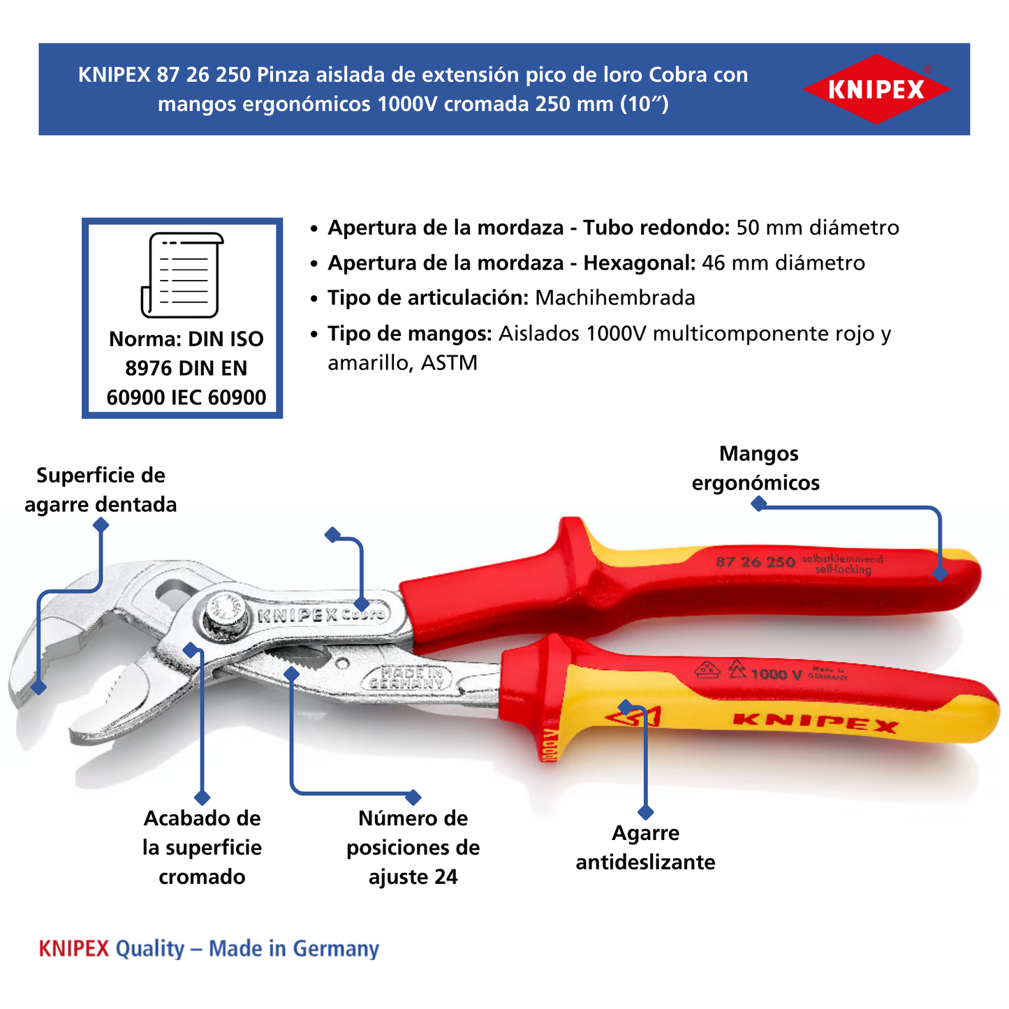 KNIPEX 87 26 250 SB Pinza aislada de extensión pico de loro Cobra 250 mm (10″)