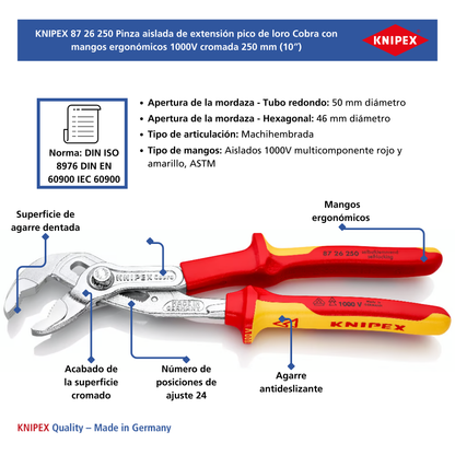 KNIPEX 87 26 250 SB Pinza aislada de extensión pico de loro Cobra 250 mm (10″)