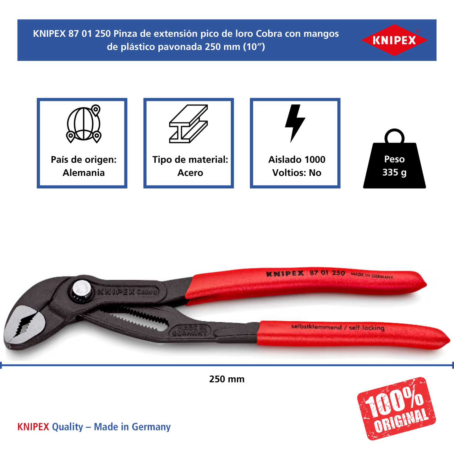 KNIPEX 87 01 250 SB Pinza de extensión pico de loro Cobra 250 mm (10″)