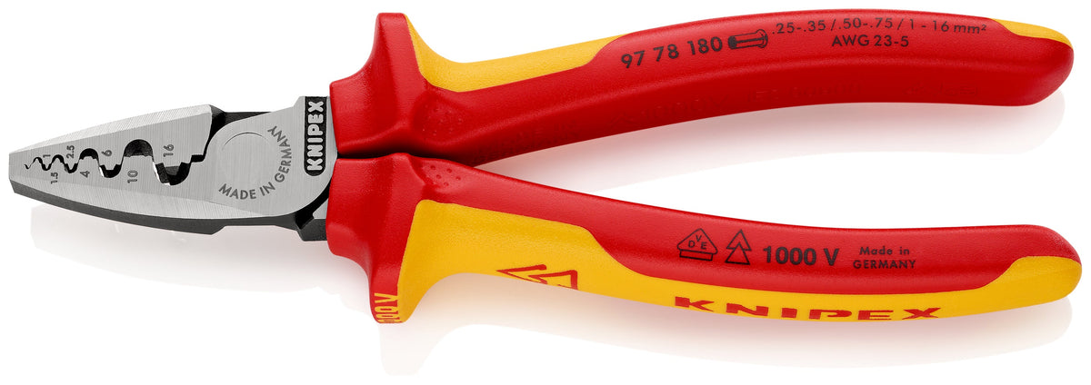 KNIPEX 97 78 180 Pinza para ponchar punteras aislados con mangos en dos componentes, según norma VDE 180 mm