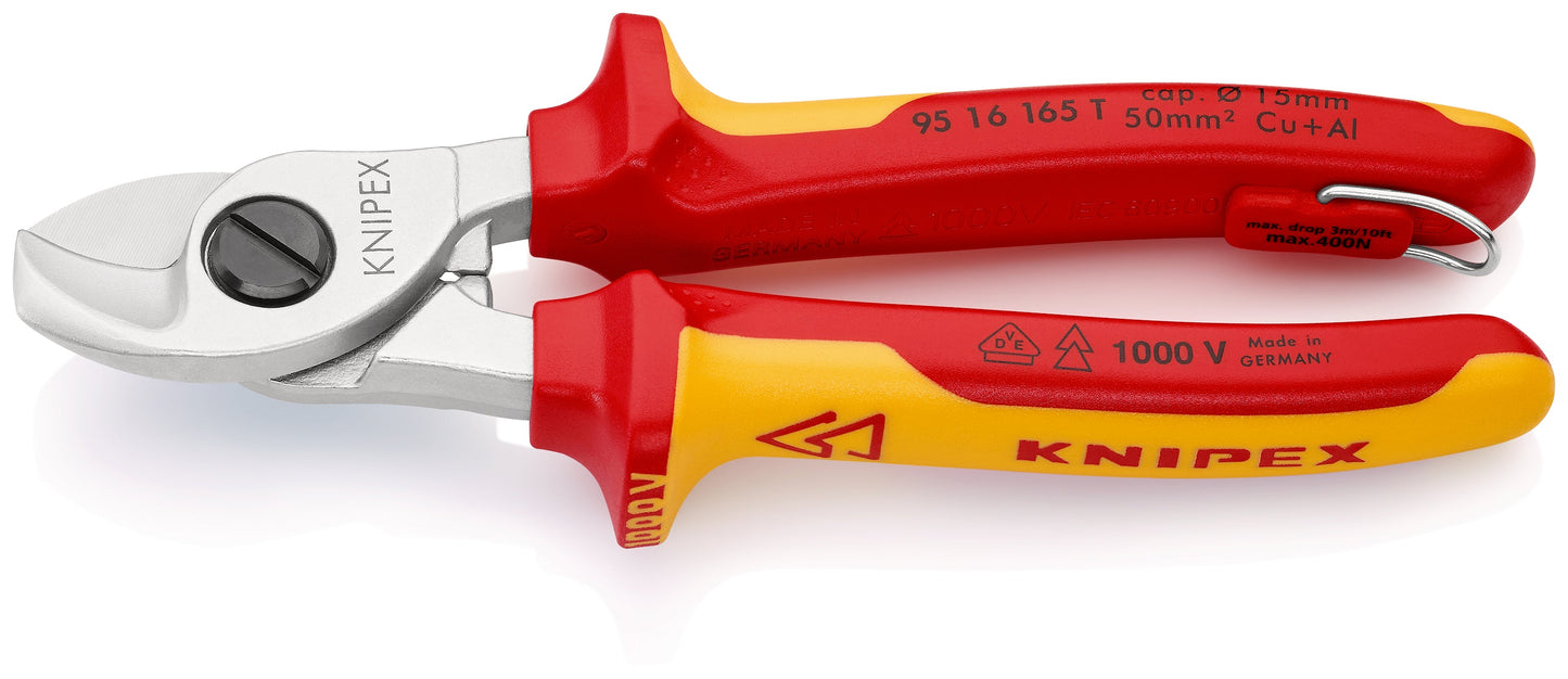 KNIPEX 95 16 165 T Cortacables Aislado con mangos multicomponente, homologado por VDE; con anilla de fijación aislada e integrada para colocar una protección anticaída cromado 165 mm