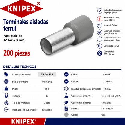KNIPEX 97 99 335 Terminales aisladas ferrul color gris para cable de 12 AWG (4 mm²) 200 piezas