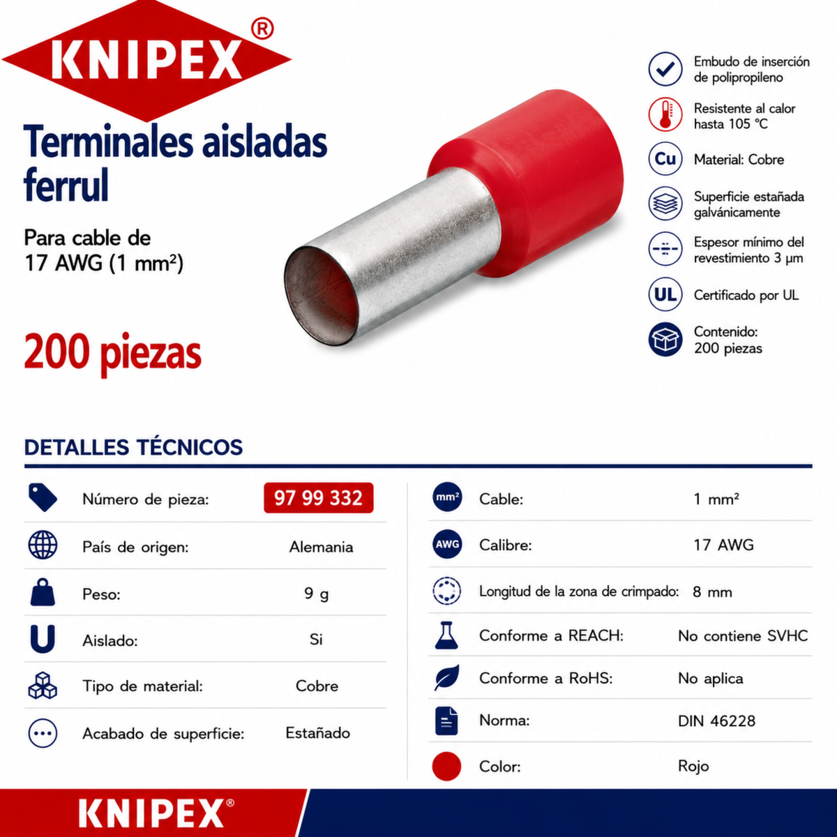 KNIPEX 97 99 332 Terminales aisladas ferrul color rojo para cable de 18 AWG (1 mm²) 200 piezas