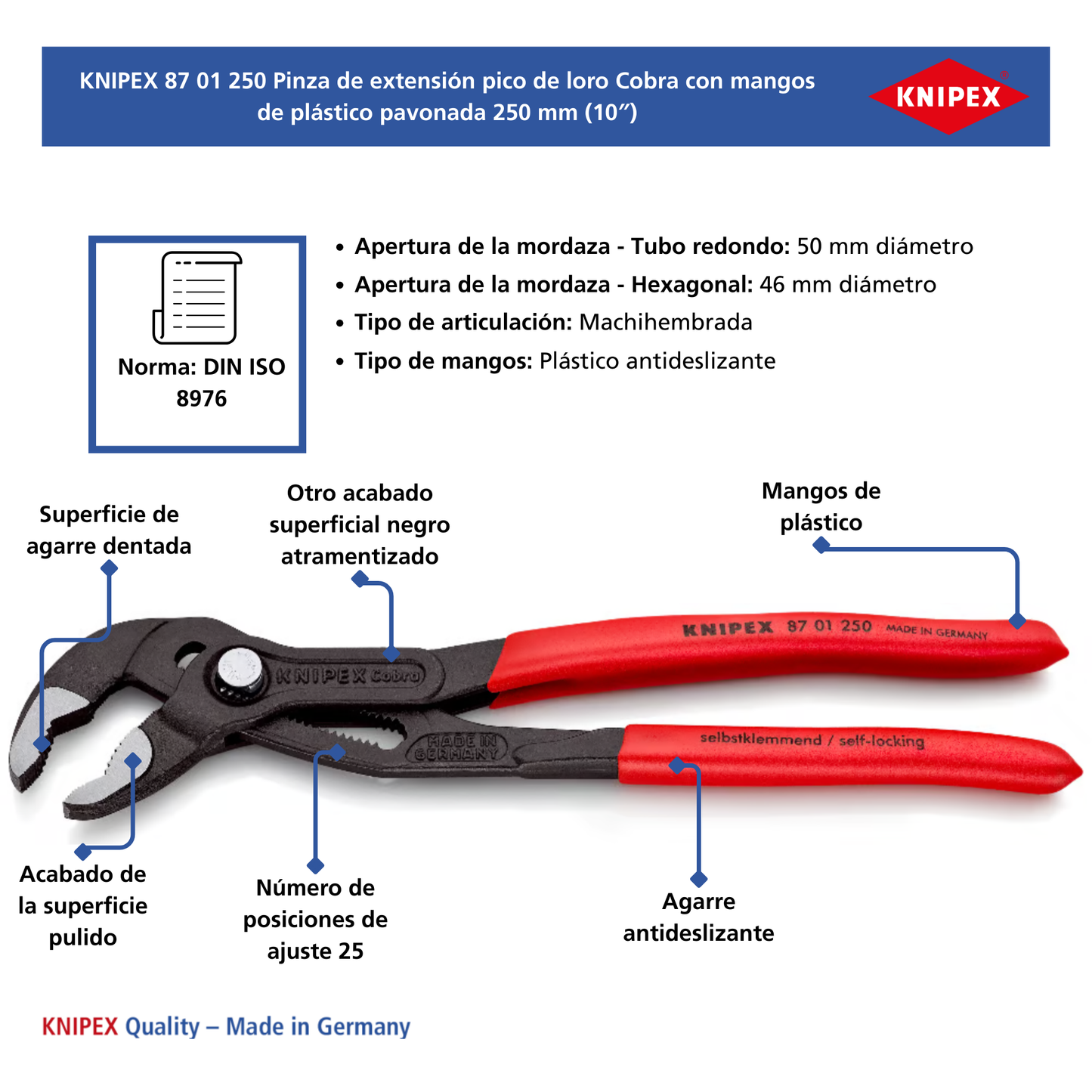 KNIPEX 87 01 250 Pinza de extensión pico de loro Cobra 250 mm (10″)