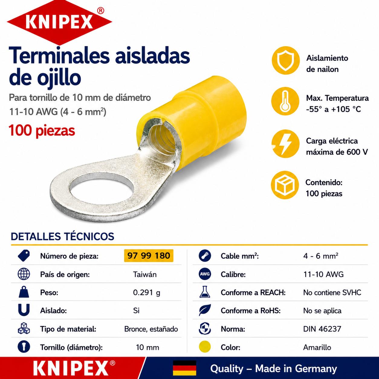 KNIPEX 97 99 180 Terminales aisladas de ojillo color amarillo para tornillo de 10 mm de diámetro cable de 12-10 AWG (4 - 6 mm²) 100 piezas