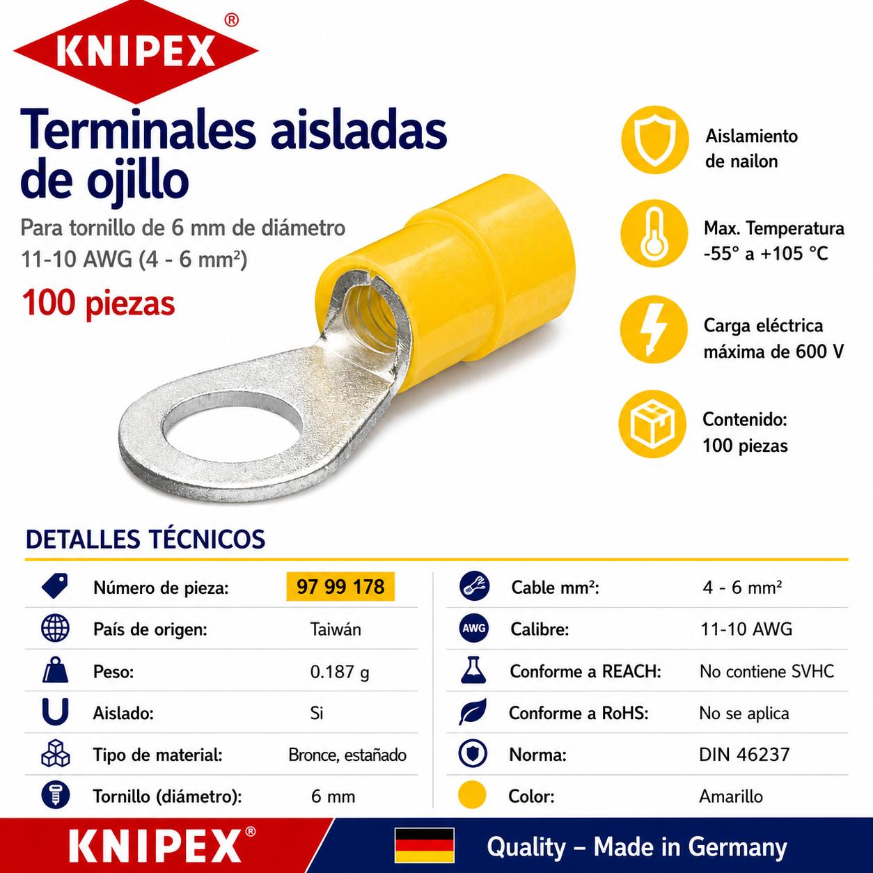 KNIPEX 97 99 178 Terminales aisladas de ojillo color amarillo para tornillo de 6 mm de diámetro cable de 12-10 AWG (4 - 6 mm²) 100 piezas