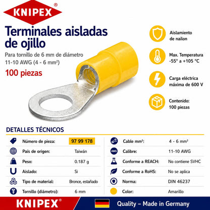 KNIPEX 97 99 178 Terminales aisladas de ojillo color amarillo para tornillo de 6 mm de diámetro cable de 12-10 AWG (4 - 6 mm²) 100 piezas