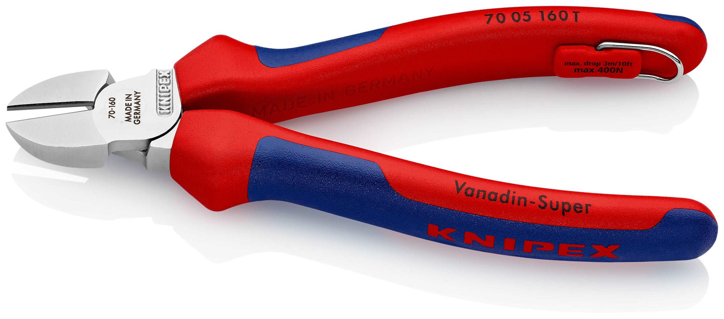 KNIPEX 70 05 160 T Pinzas de corte diagonal con mangos en dos componentes, con anilla de fijación integrada para colocar un dispositivo de protección anticaídas cromado 160 mm