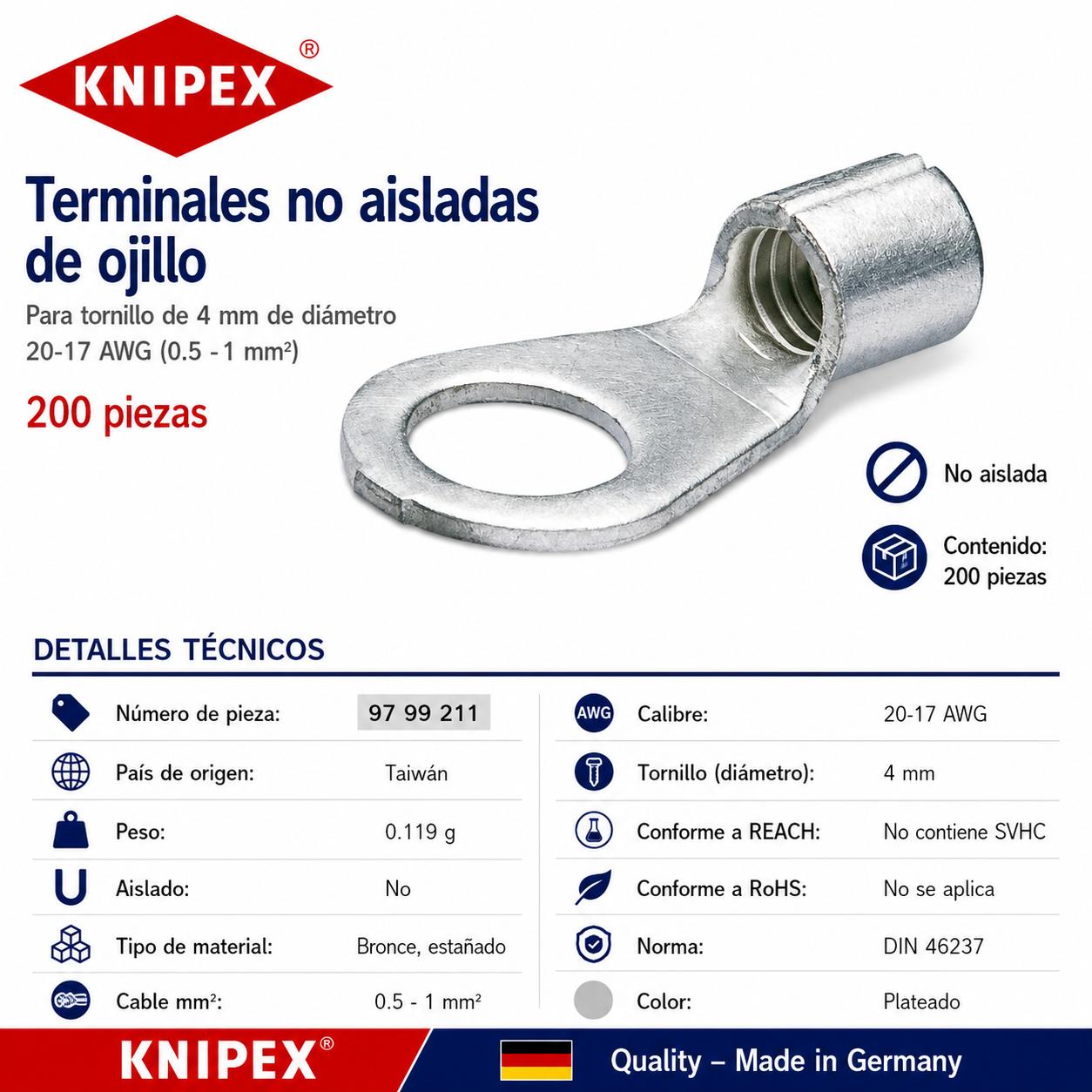 KNIPEX 97 99 211 Terminales no aisladas de ojillo para tornillo de 4 mm de diámetro cable de 20-18 AWG (0.5 - 1 mm²) 200 piezas