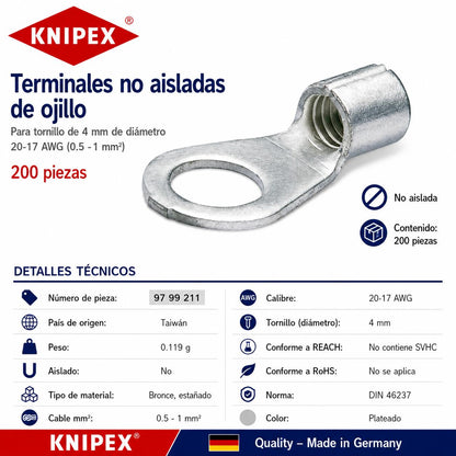KNIPEX 97 99 211 Terminales no aisladas de ojillo para tornillo de 4 mm de diámetro cable de 20-18 AWG (0.5 - 1 mm²) 200 piezas