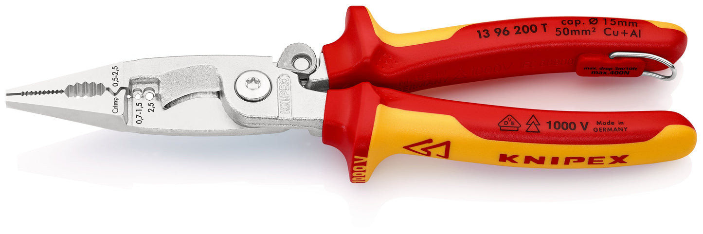 KNIPEX 13 96 200 T BK Pinza aislada para instalaciones eléctricas 6 en 1 con mangos ergonómicos 1000V con protección anticaídas cromada 200 mm (8″)