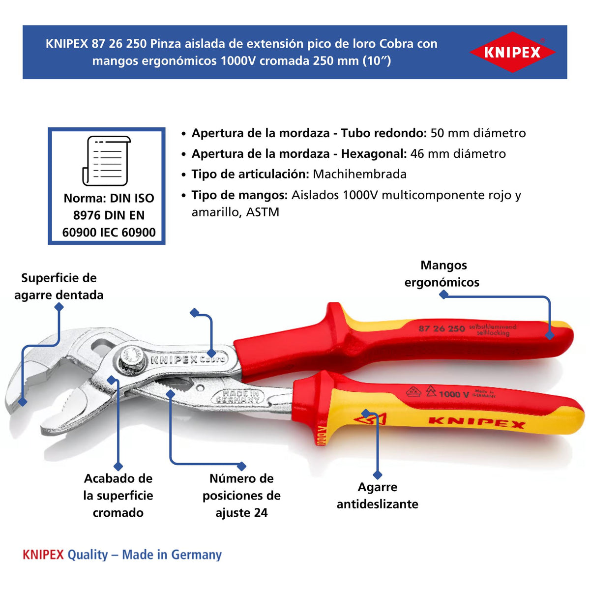 KNIPEX 87 26 250 SB Pinza aislada de extensión pico de loro Cobra con mangos ergonómicos 1000V cromada 250 mm (10'')