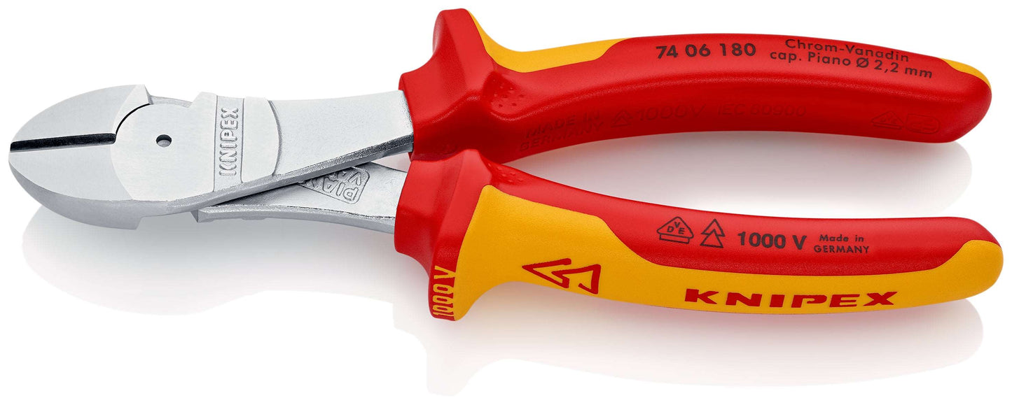 KNIPEX 74 06 180 Pinzas de corte diagonal tipo extra fuerte aislados con mangos en dos componentes, según norma VDE cromado 180 mm