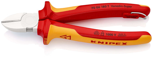 KNIPEX 70 06 180 T Pinzas de corte diagonal Aislado con fundas multicomponente, homologado por VDE; con anilla de fijación aislada e integrada para colocar una protección anticaída cromado 180 mm