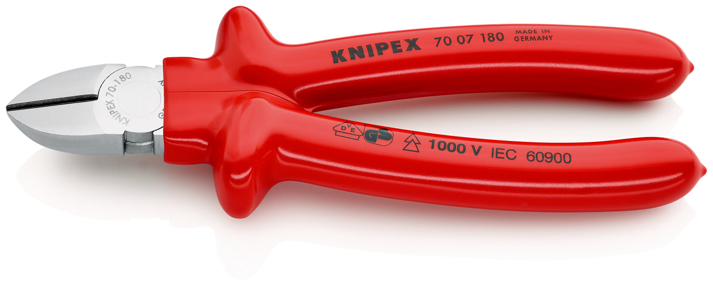 KNIPEX 70 07 180 Pinza de corte diagonal aislados por inmersión en plástico reforzado, según norma VDE cromado 180 mm