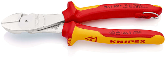 KNIPEX 74 06 200 T Pinzas de corte diagonal tipo extra fuerte Aislado con fundas multicomponente, homologado por VDE; con anilla de fijación aislada e integrada para colocar una protección anticaída cromado 200 mm