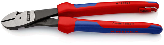 KNIPEX 74 22 250 T BK Pinzas de corte diagonal tipo extra fuerte Con fundas en dos componentes, con anilla de fijación integrada para colocar un dispositivo de protección anticaídas acabado pavonado 250 mm