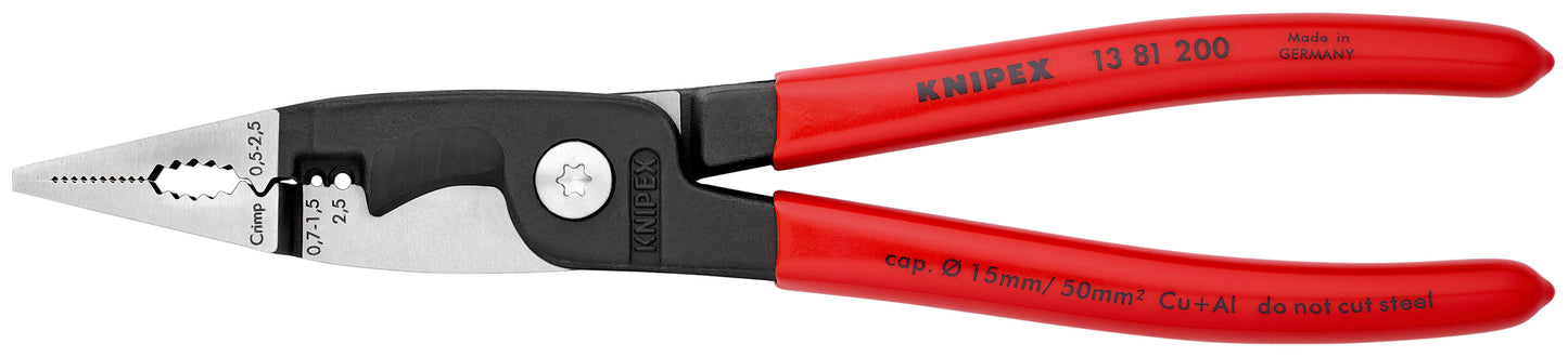 KNIPEX 13 81 200 SB Pinza para instalaciones eléctricas 6 en 1 con mangos de plástico pavonada 200 mm (8″)