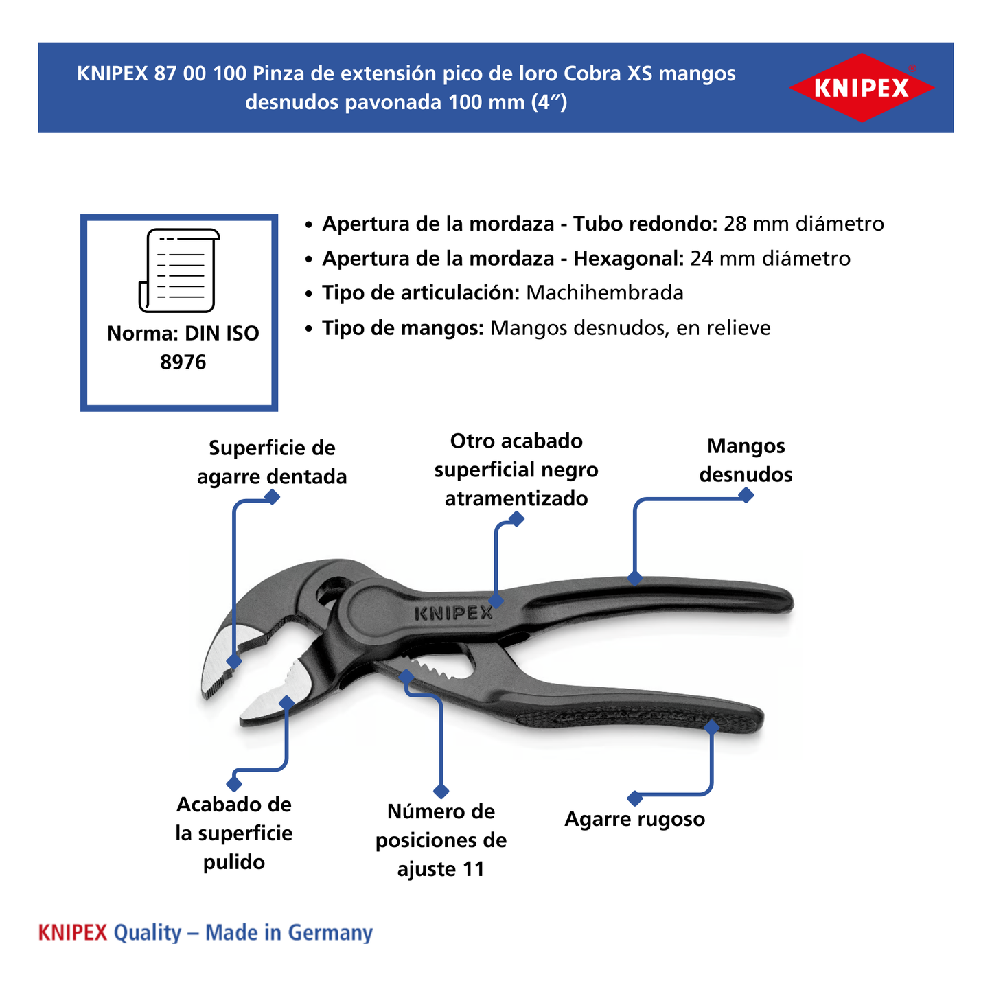 KNIPEX 87 00 100 BK Pinza de extensión pico de loro Cobra XS 100 mm (4″)