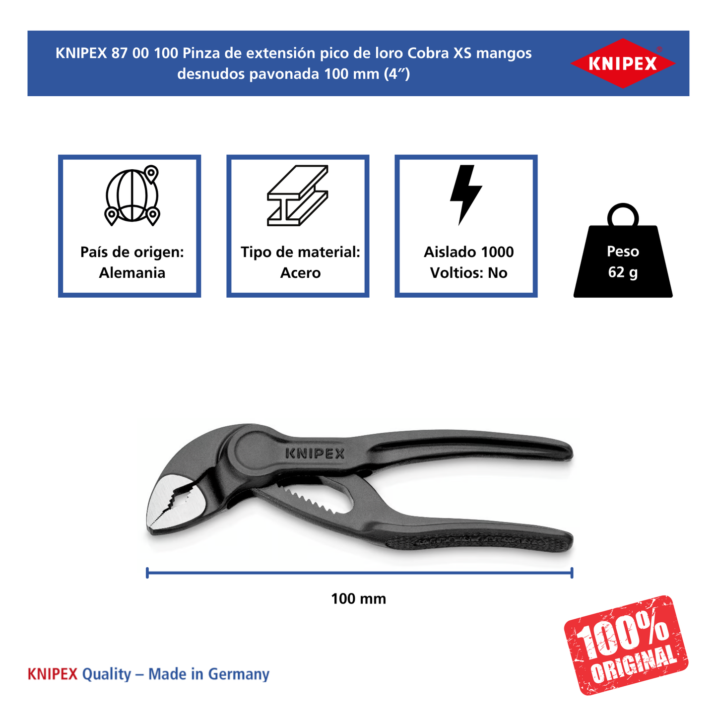 KNIPEX 87 00 100 BK Pinza de extensión pico de loro Cobra XS 100 mm (4″)