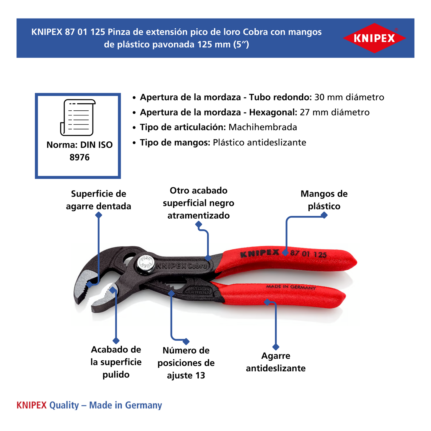 KNIPEX 87 01 125 Pinza de extensión pico de loro Cobra 125 mm (5″)