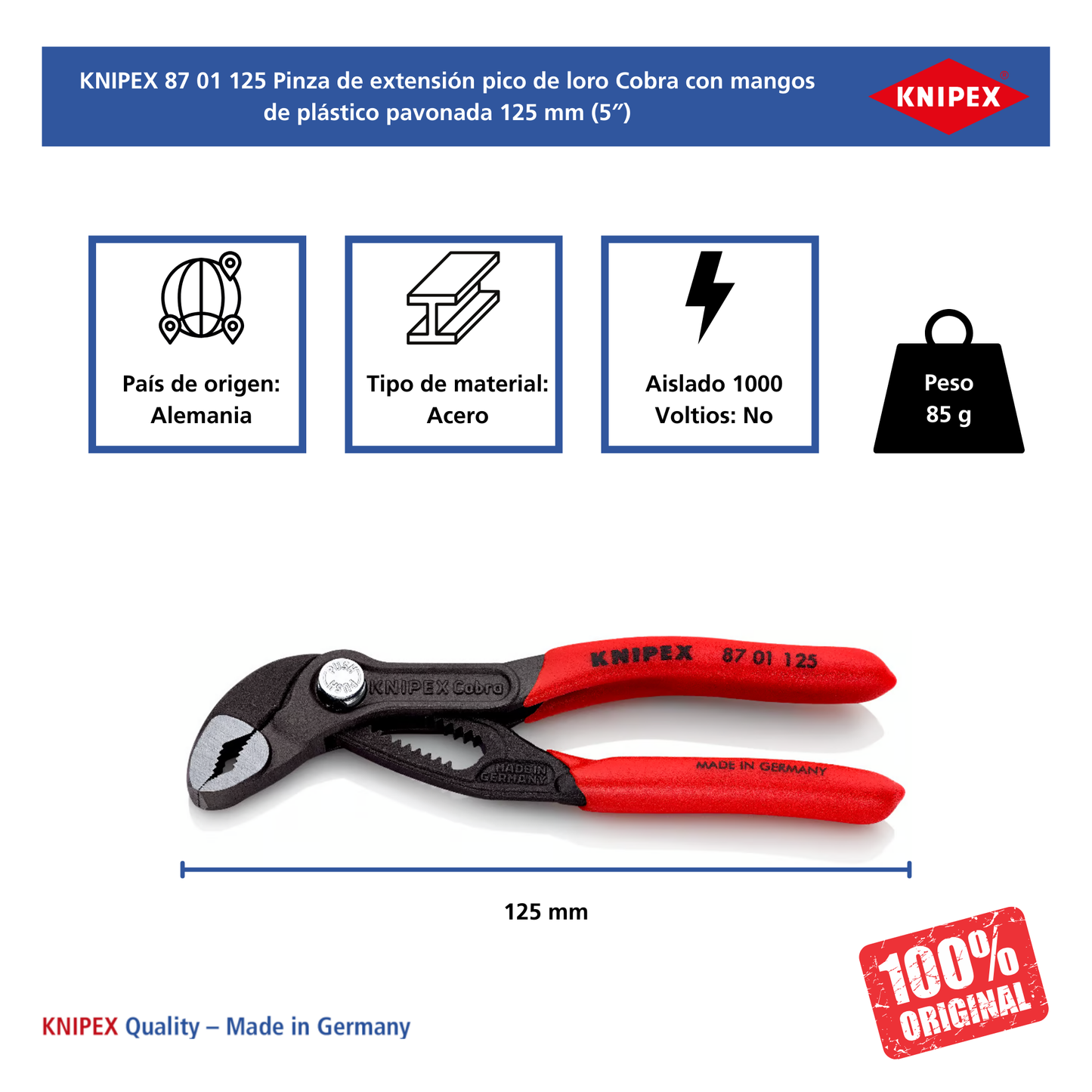 KNIPEX 87 01 125 SB Pinza de extensión pico de loro Cobra 125 mm (5″)