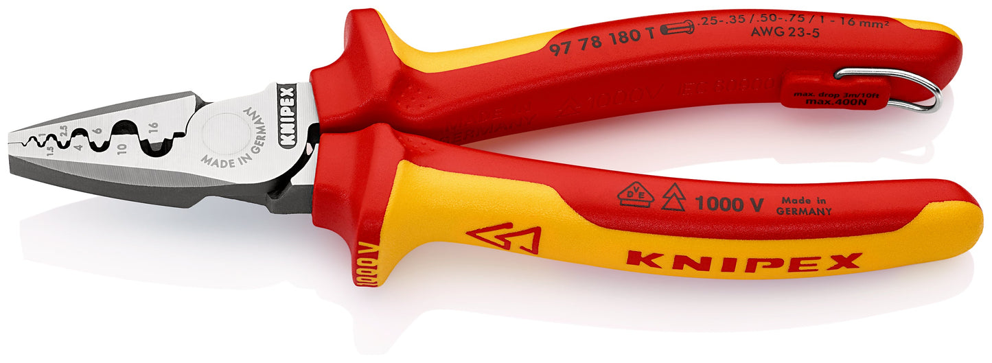 KNIPEX 97 78 180 T Pinza para ponchar terminales ferrul Aislado con mangos multicomponente, homologado por VDE; con anilla de fijación aislada e integrada para colocar una protección anticaída 180 mm