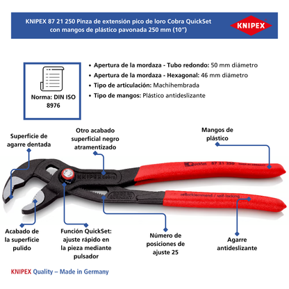 KNIPEX 87 21 250 Pinza de extensión pico de loro Cobra QuickSet 250 mm (10″)